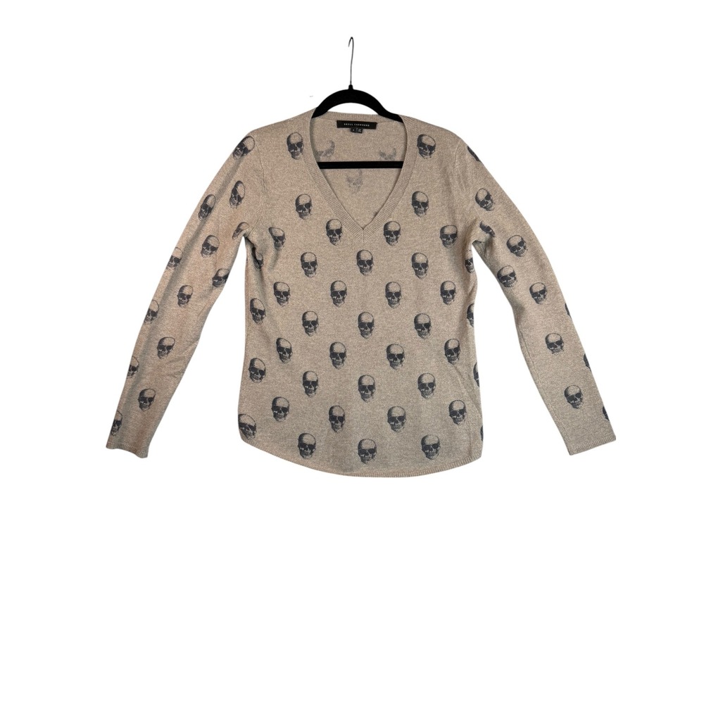 Skull Cashmere Womens V-Neck Skull Print Pullover‎ Sweater Oatmeal Tan Small